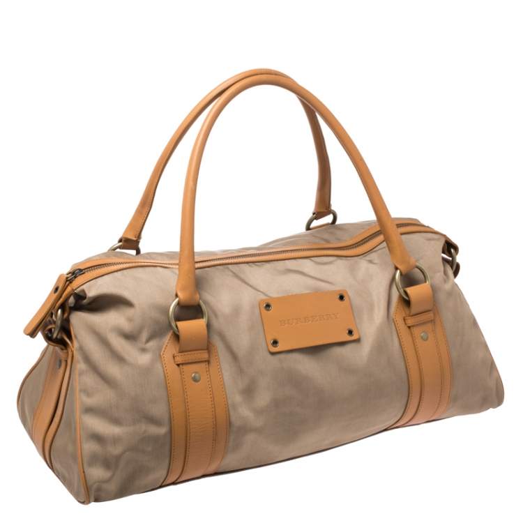 Pre Owned Burberry Light Brown Canvas and Leather Duffle Bag