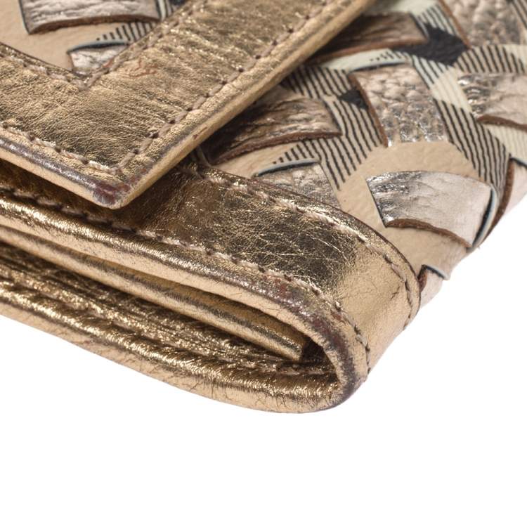 Pre Owned Burberry Beige/Gold Haymarket Check Coated Canvas and Leather Continental Wallet