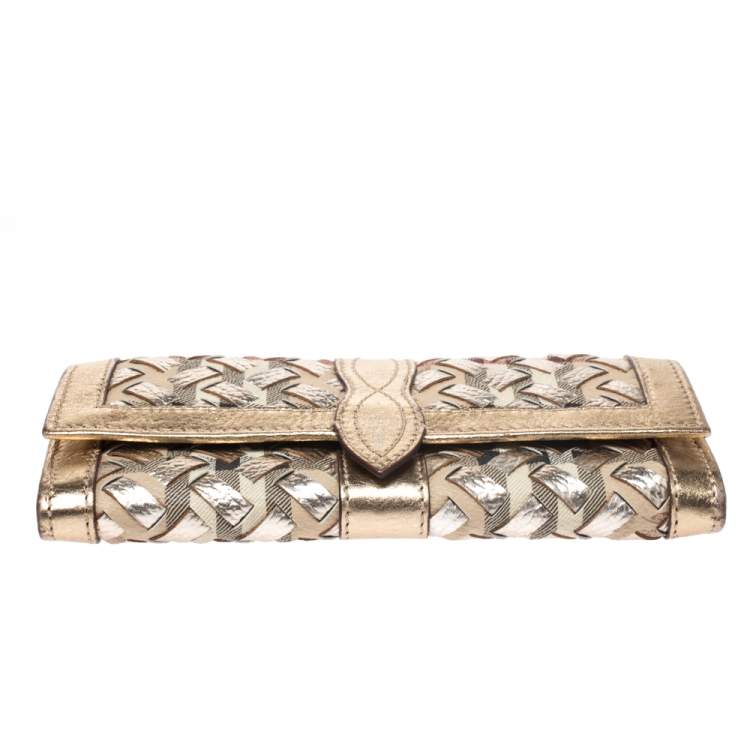 Pre Owned Burberry Beige/Gold Haymarket Check Coated Canvas and Leather Continental Wallet