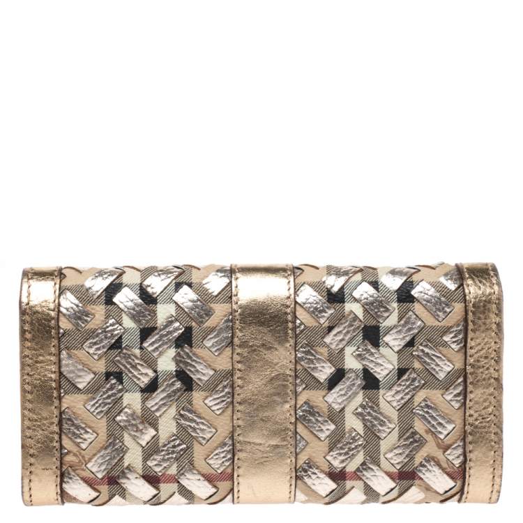 Pre Owned Burberry Beige/Gold Haymarket Check Coated Canvas and Leather Continental Wallet