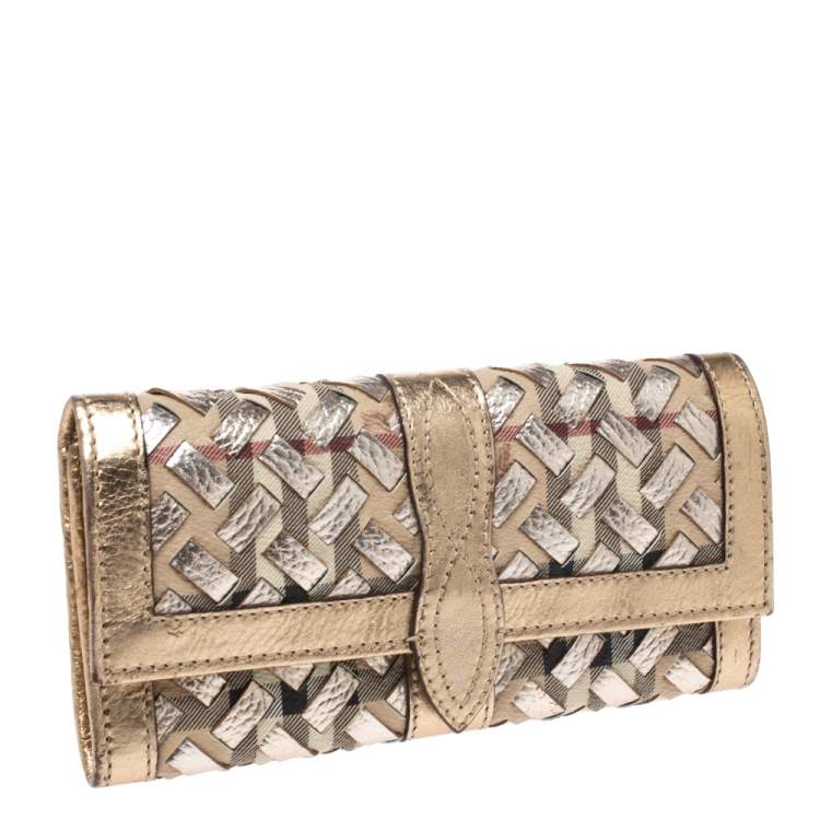 Pre Owned Burberry Beige/Gold Haymarket Check Coated Canvas and Leather Continental Wallet