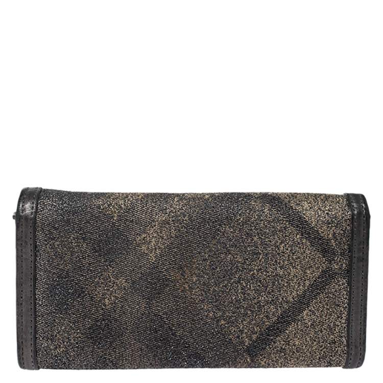 Pre Owned Burberry Metallic Grey Smoke Check Canvas and Leather Flap Continental Wallet