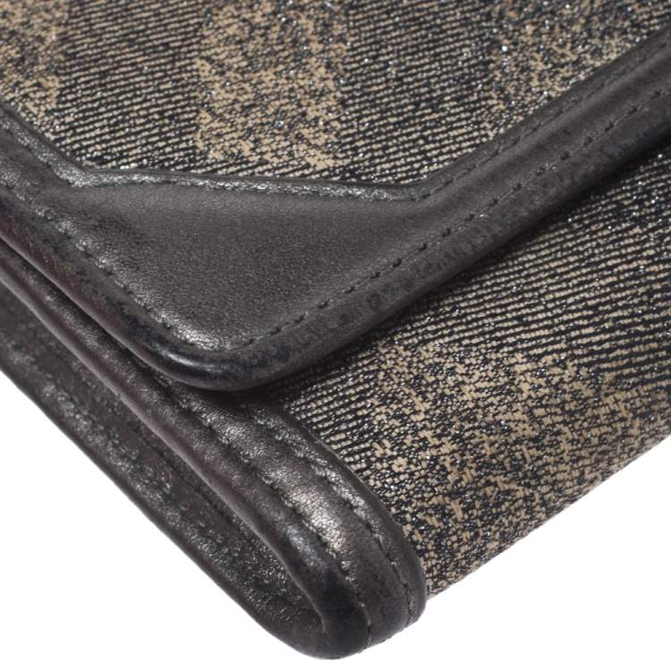 Pre Owned Burberry Metallic Grey Smoke Check Canvas and Leather Flap Continental Wallet