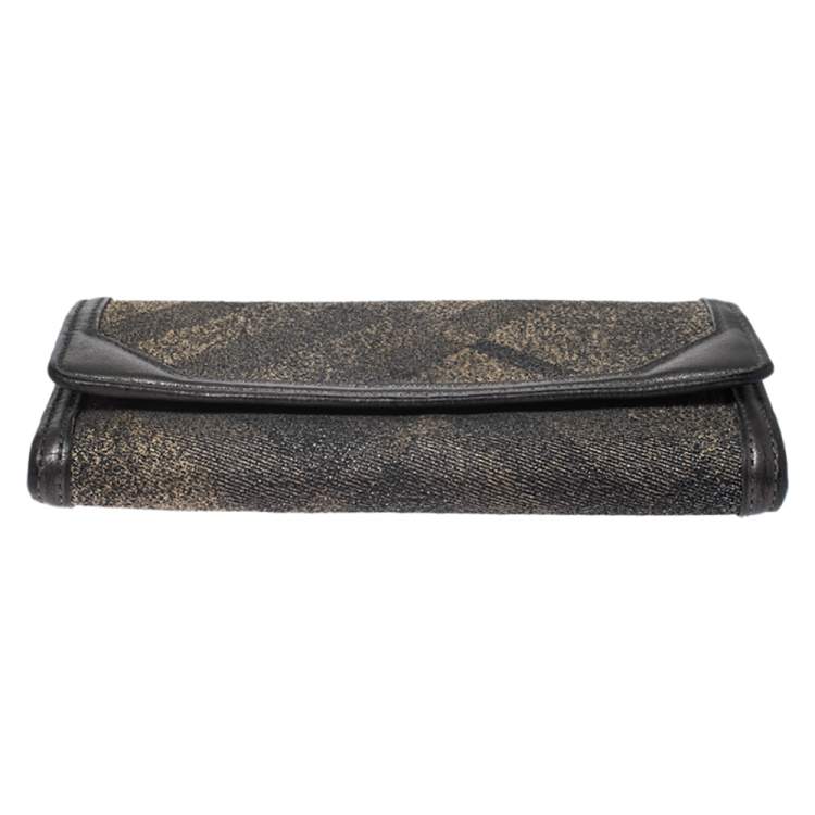 Pre Owned Burberry Metallic Grey Smoke Check Canvas and Leather Flap Continental Wallet