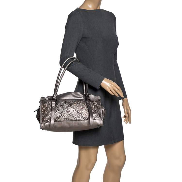 Pre Owned Burberry Metallic Grey Laser Cut Leather Satchel