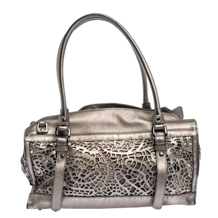 Pre Owned Burberry Metallic Grey Laser Cut Leather Satchel