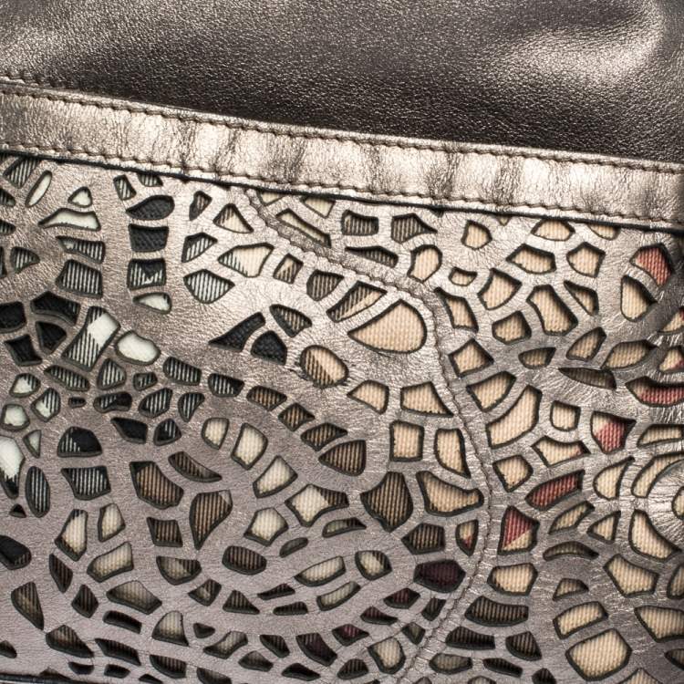 Pre Owned Burberry Metallic Grey Laser Cut Leather Satchel