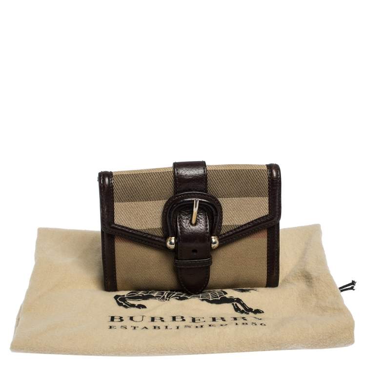 Pre Owned Burberry Brown/Beige Nova Check Canvas and Leather Buckle Compact Wallet