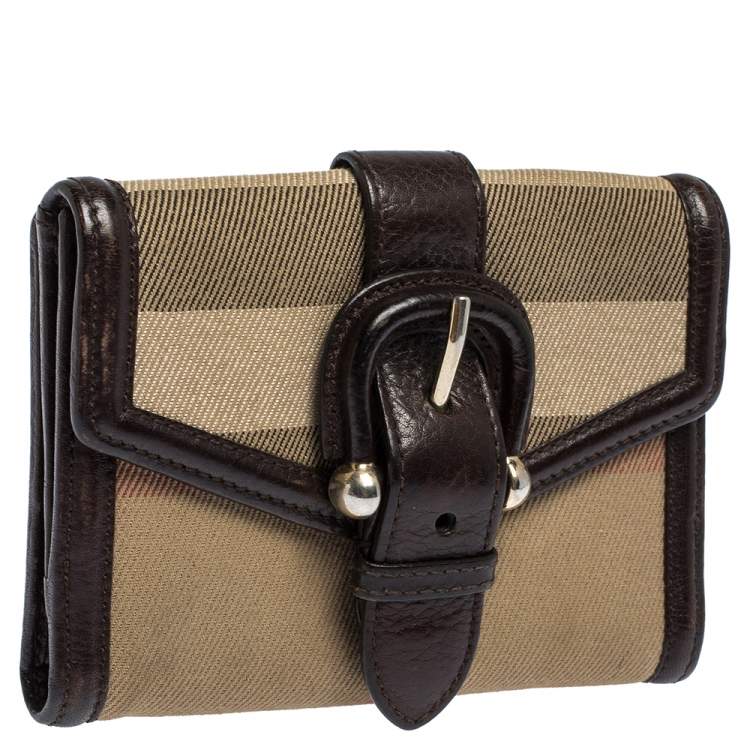 Pre Owned Burberry Brown/Beige Nova Check Canvas and Leather Buckle Compact Wallet