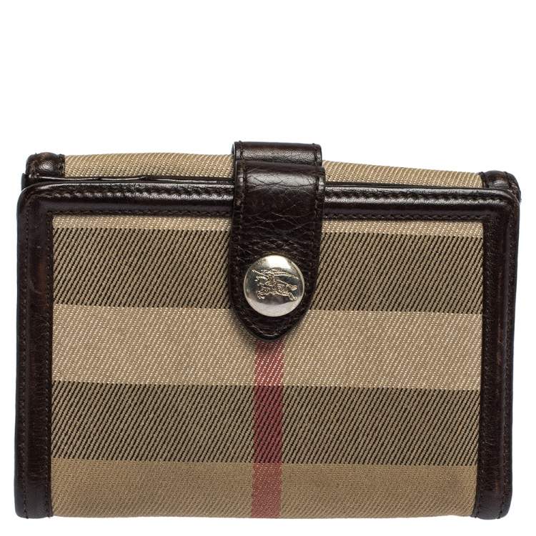 Pre Owned Burberry Brown/Beige Nova Check Canvas and Leather Buckle Compact Wallet