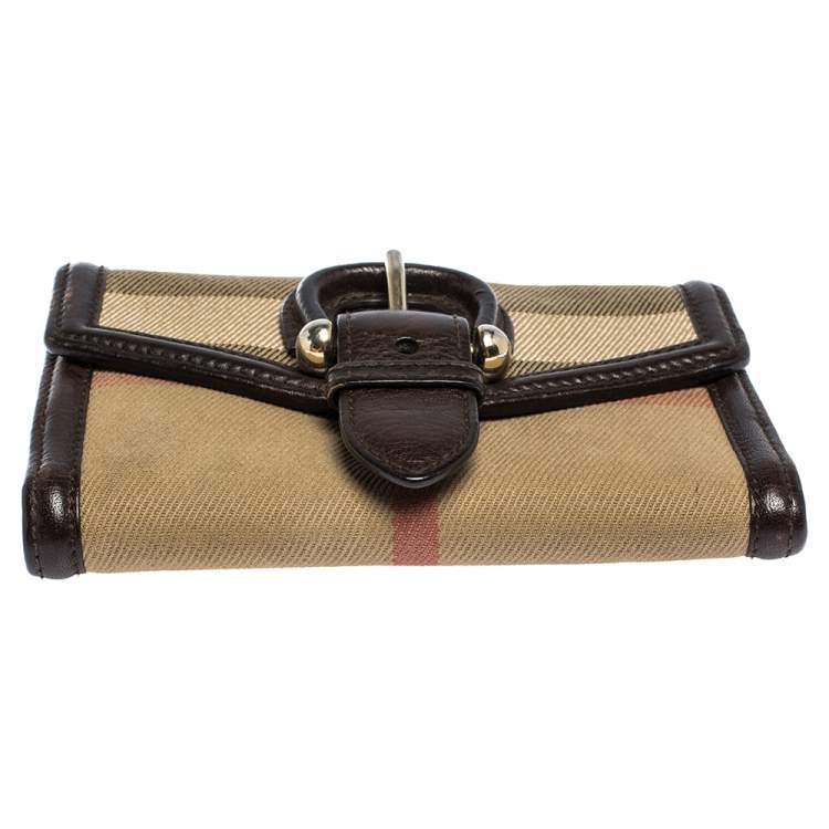 Pre Owned Burberry Brown/Beige Nova Check Canvas and Leather Buckle Compact Wallet