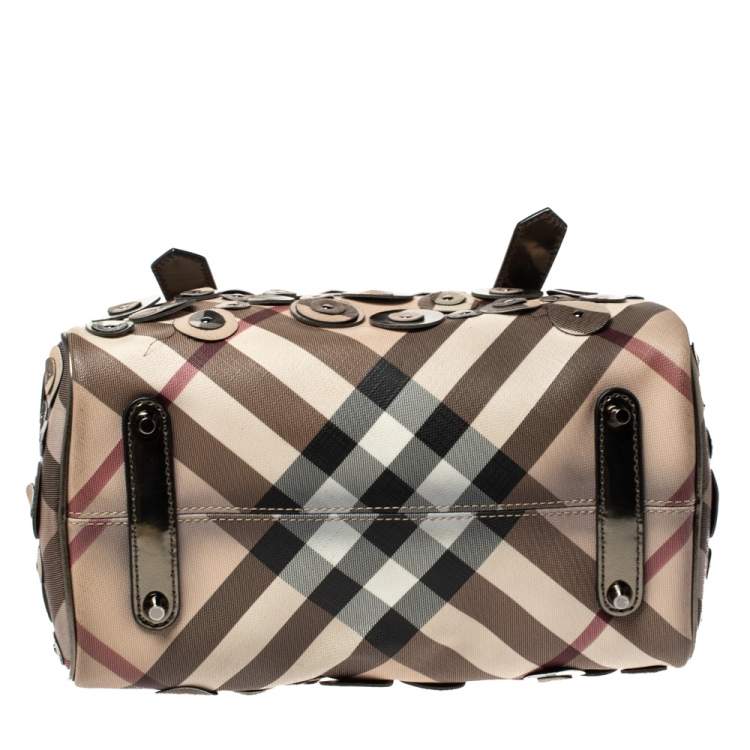 مملوكة مسبقًا Burberry Beige/Metallic Nova Check PVC and Patent Leather Chester Studded Boston Bag