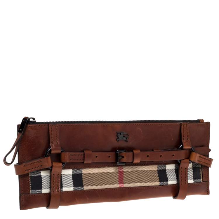 Pre Owned Burberry Brown Leather and House Check Canvas Clutch