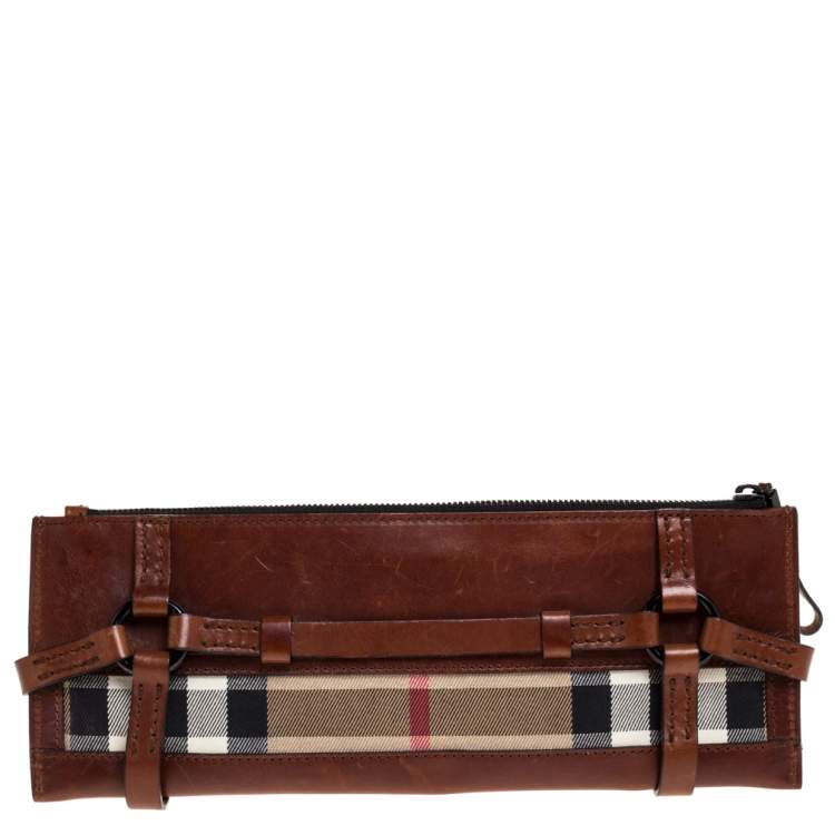 Pre Owned Burberry Brown Leather and House Check Canvas Clutch