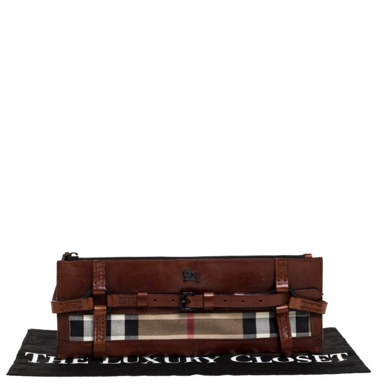 Pre Owned Burberry Brown Leather and House Check Canvas Clutch
