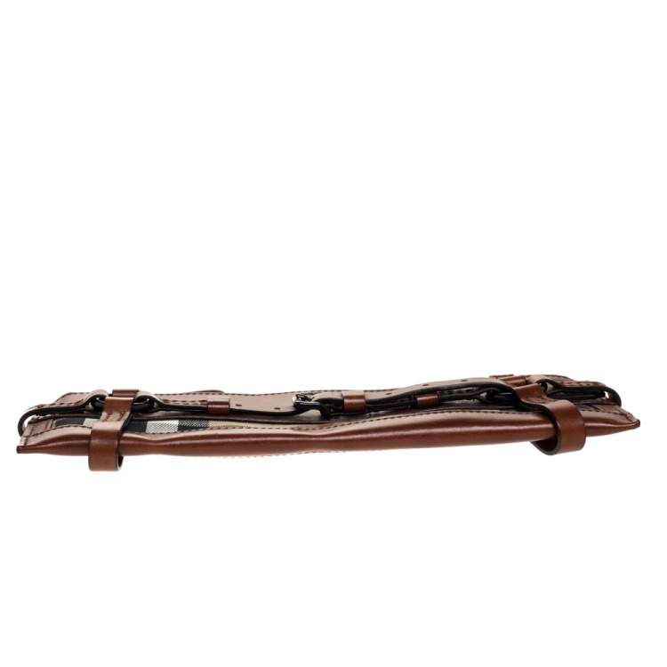 Pre Owned Burberry Brown Leather and House Check Canvas Clutch