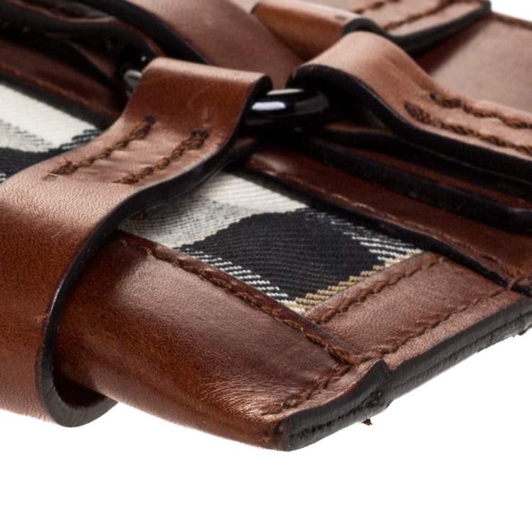 Pre Owned Burberry Brown Leather and House Check Canvas Clutch