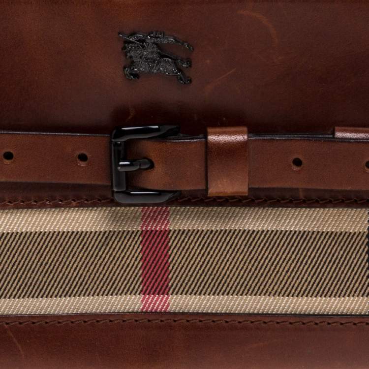 Pre Owned Burberry Brown Leather and House Check Canvas Clutch