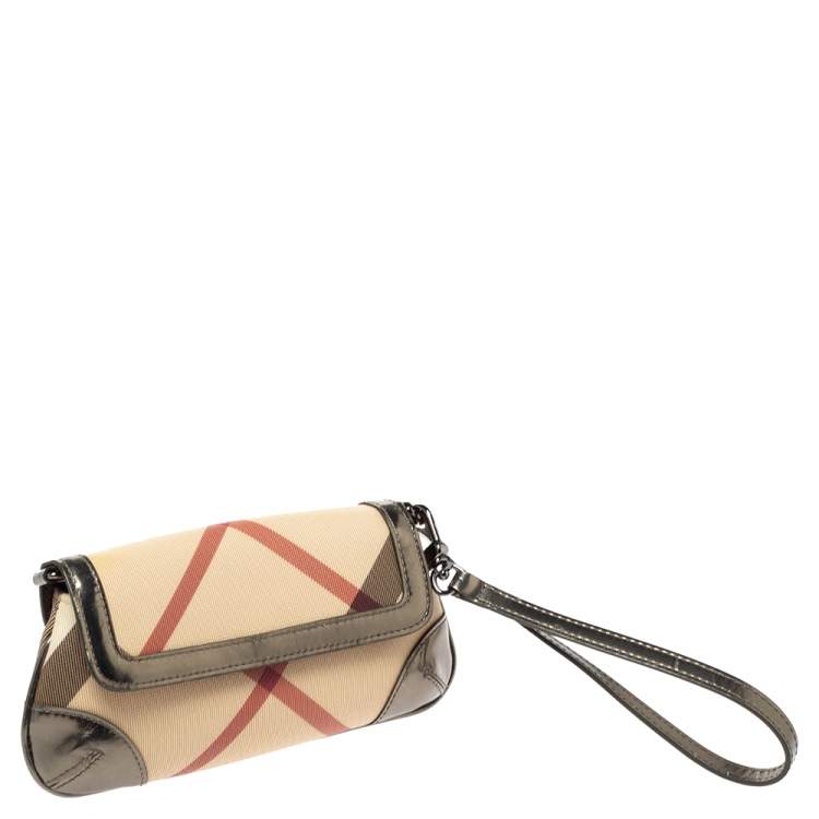 Pre Owned Burberry Beige/Metallic Nova Check PVC and Patent Leather Wristlet Clutch