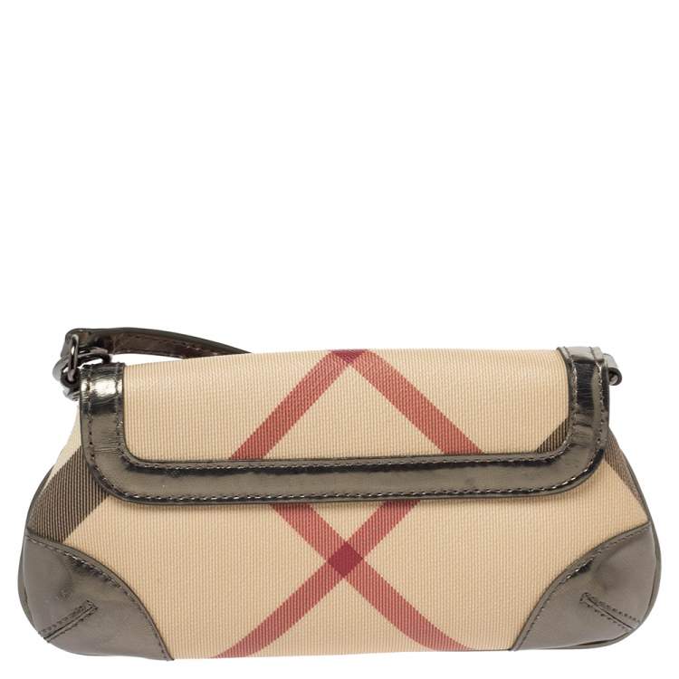 Pre Owned Burberry Beige/Metallic Nova Check PVC and Patent Leather Wristlet Clutch