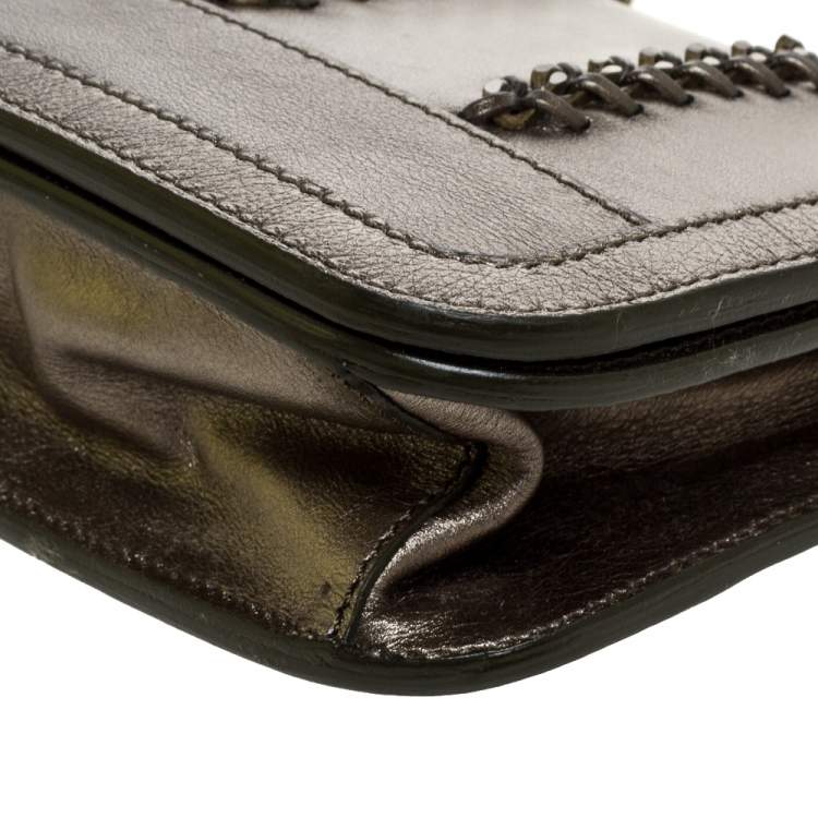 Pre Owned Burberry Metallic Olive Green Leather Wristlet Clutch