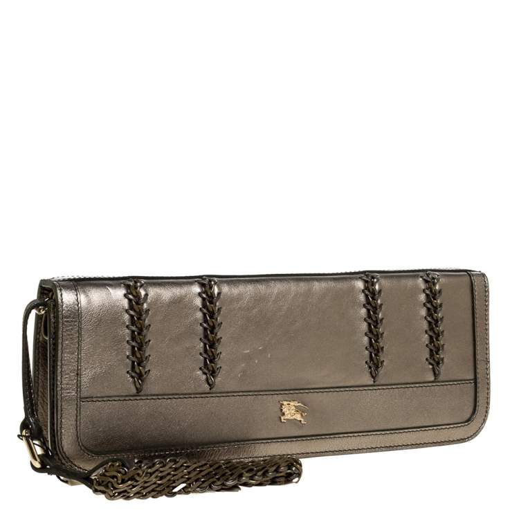 Pre Owned Burberry Metallic Olive Green Leather Wristlet Clutch