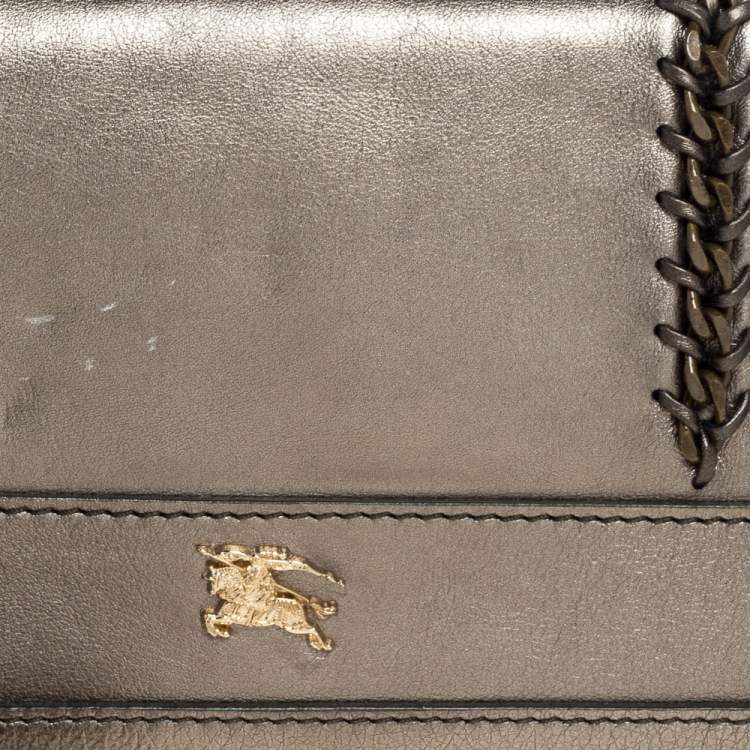 Pre Owned Burberry Metallic Olive Green Leather Wristlet Clutch