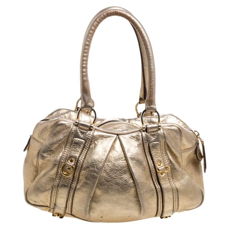 Pre Owned Burberry Metallic Gold Leather Ashbury Knight Satchel