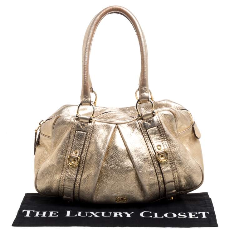 Pre Owned Burberry Metallic Gold Leather Ashbury Knight Satchel