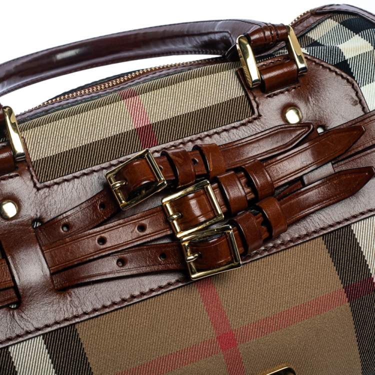 Pre Owned Burberry Beige/Brown House Check Fabric and Leather Bridle Chester Bowling Bag