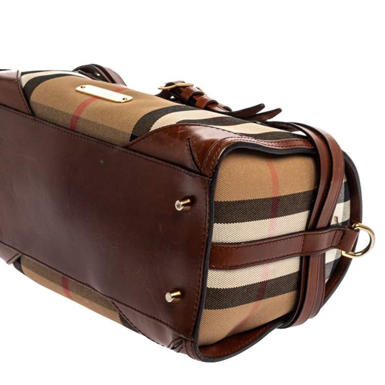 Pre Owned Burberry Beige/Brown House Check Fabric and Leather Bridle Chester Bowling Bag