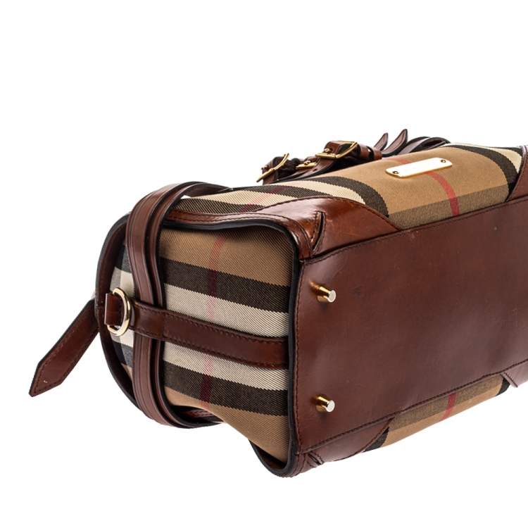Pre Owned Burberry Beige/Brown House Check Fabric and Leather Bridle Chester Bowling Bag