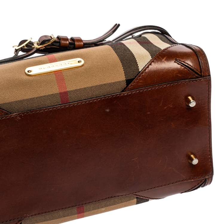 Pre Owned Burberry Beige/Brown House Check Fabric and Leather Bridle Chester Bowling Bag