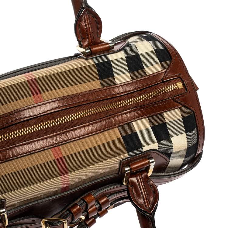 Pre Owned Burberry Beige/Brown House Check Fabric and Leather Bridle Chester Bowling Bag