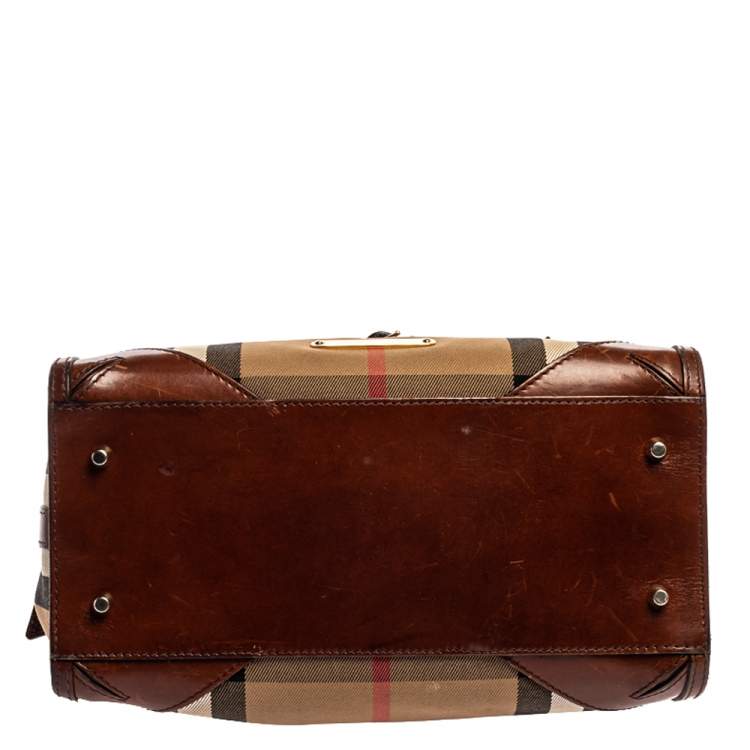 Pre Owned Burberry Beige/Brown House Check Fabric and Leather Bridle Chester Bowling Bag