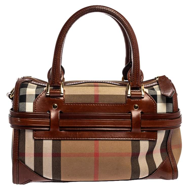 Pre Owned Burberry Beige/Brown House Check Fabric and Leather Bridle Chester Bowling Bag