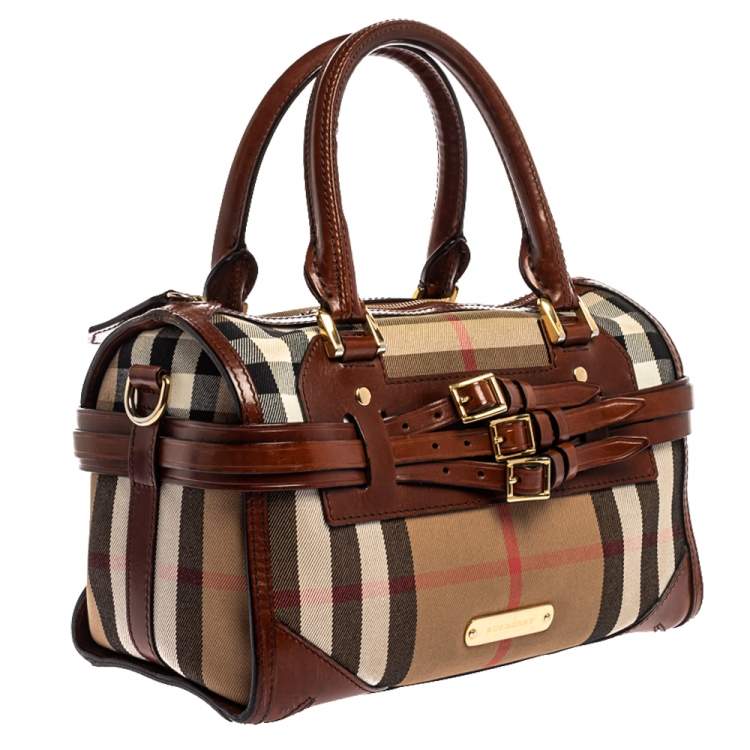 Pre Owned Burberry Beige/Brown House Check Fabric and Leather Bridle Chester Bowling Bag
