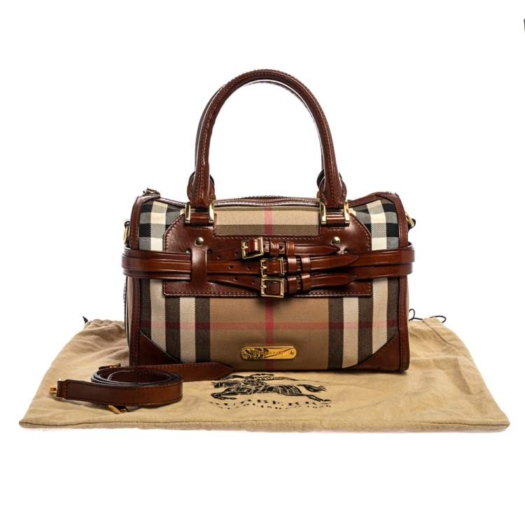 Pre Owned Burberry Beige/Brown House Check Fabric and Leather Bridle Chester Bowling Bag