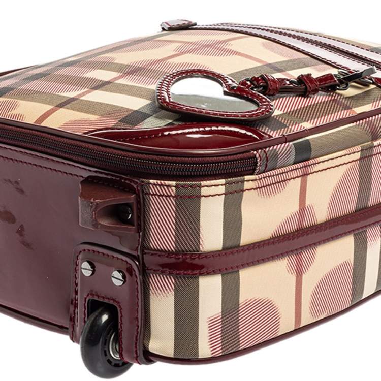 Pre Owned Burberry Burgundy Heart Check Coated Canvas and Patent Leather Trolley Bag 