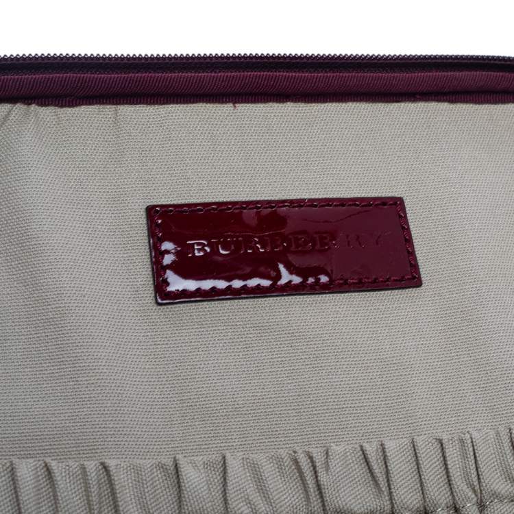 Pre Owned Burberry Burgundy Heart Check Coated Canvas and Patent Leather Trolley Bag 