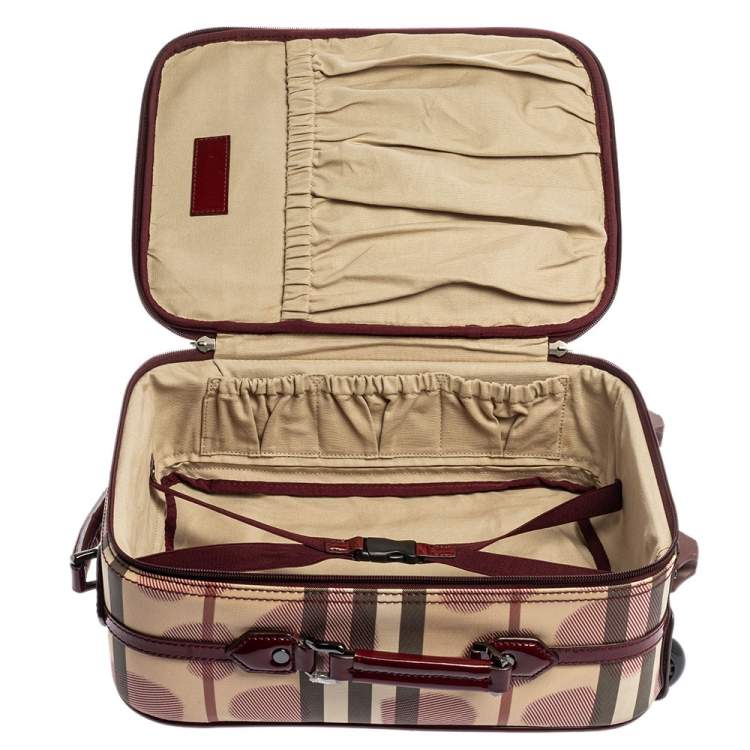 Pre Owned Burberry Burgundy Heart Check Coated Canvas and Patent Leather Trolley Bag 