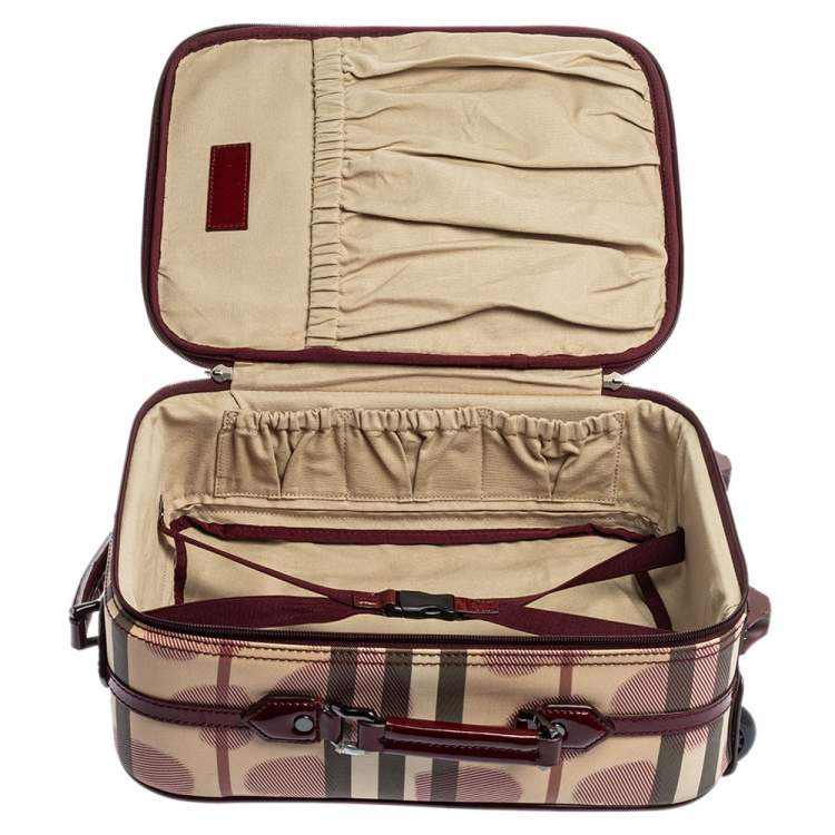 Pre Owned Burberry Burgundy Heart Check Coated Canvas and Patent Leather Trolley Bag 