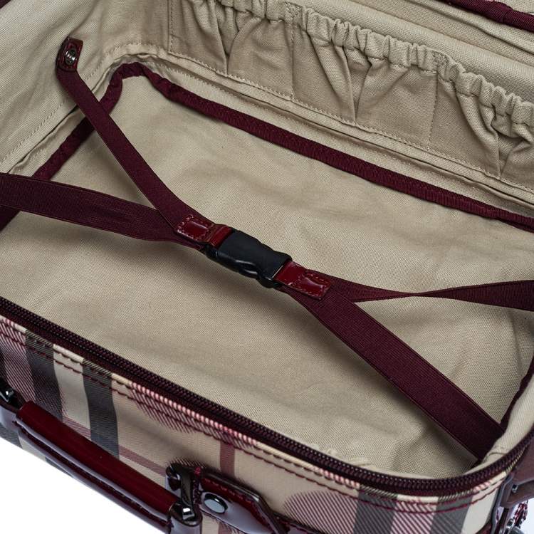 Pre Owned Burberry Burgundy Heart Check Coated Canvas and Patent Leather Trolley Bag 