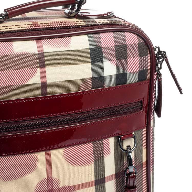 Pre Owned Burberry Burgundy Heart Check Coated Canvas and Patent Leather Trolley Bag 