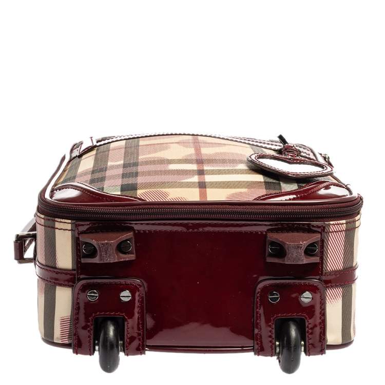 Pre Owned Burberry Burgundy Heart Check Coated Canvas and Patent Leather Trolley Bag 