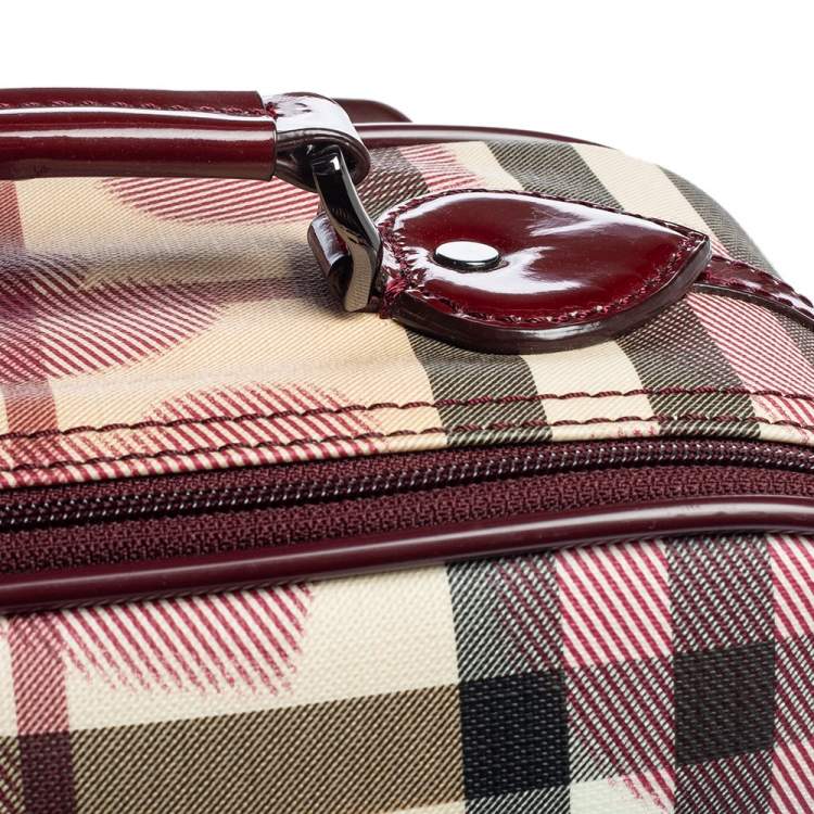 Pre Owned Burberry Burgundy Heart Check Coated Canvas and Patent Leather Trolley Bag 