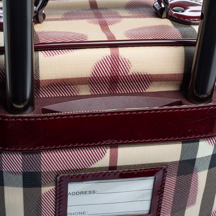 Pre Owned Burberry Burgundy Heart Check Coated Canvas and Patent Leather Trolley Bag 
