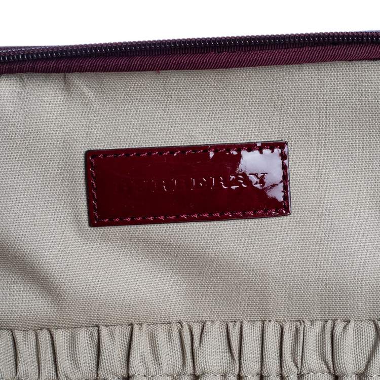 Pre Owned Burberry Burgundy Heart Check Coated Canvas and Patent Leather Trolley Bag 