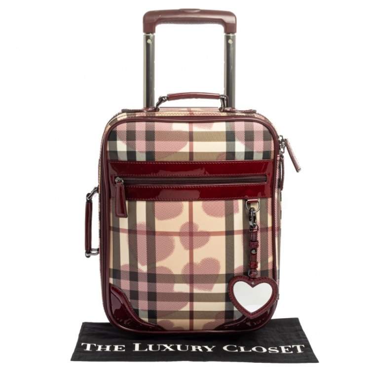 Pre Owned Burberry Burgundy Heart Check Coated Canvas and Patent Leather Trolley Bag 
