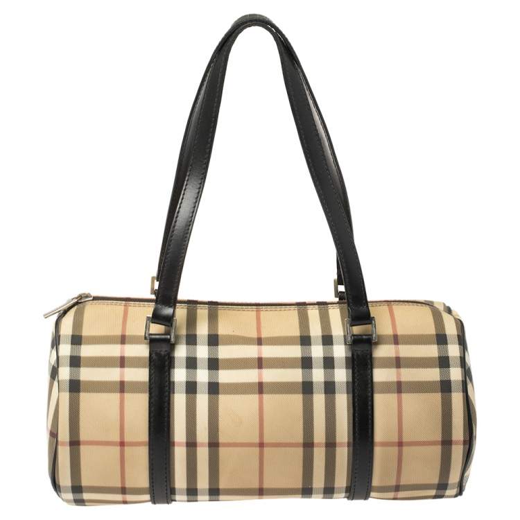Pre Owned Burberry Beige/Black House Check Coated Canvas Duffel Bag